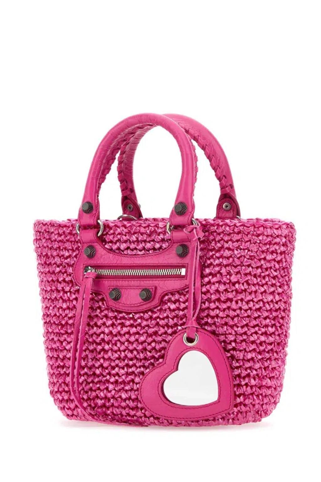 BALENCIAGA Women Fuchsia Raffia Small Le Cagole Panier Handbag In Pink Product Image