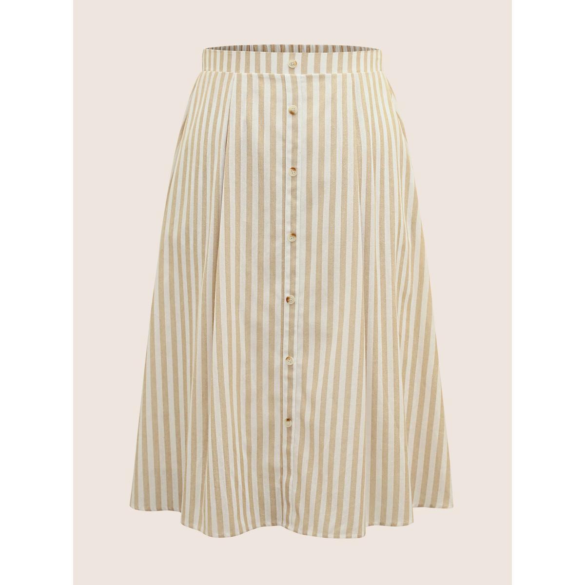 Plus Size Stripes Elastic Waist Button Detail Pocket Skirt Women Apricot Work From Home Button No stretch Slanted pocket Work Skirts BloomChic 30/6X Product Image