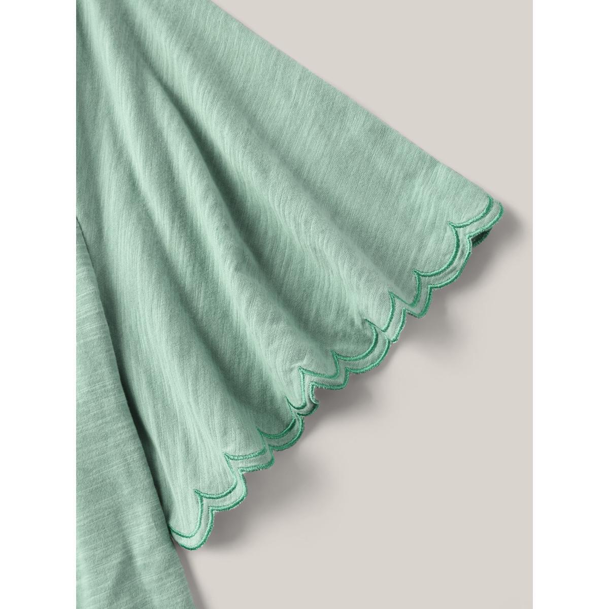Plus Size Pure Cotton Embroidered Pleated T-Shirt Greenbean Women Gathered Flat collar with V-notch Vacation T-shirts BloomChic 14-16/1X Product Image