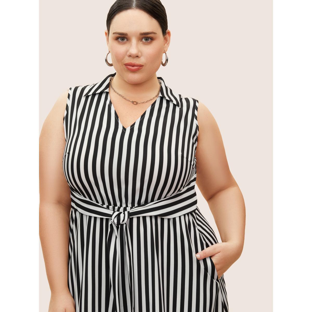 Plus Size Striped Shirt Collar Sleeveless Tie Dress Black Women At the Office Shirt collar Sleeveless Curvy BloomChic 18-20/2X Product Image