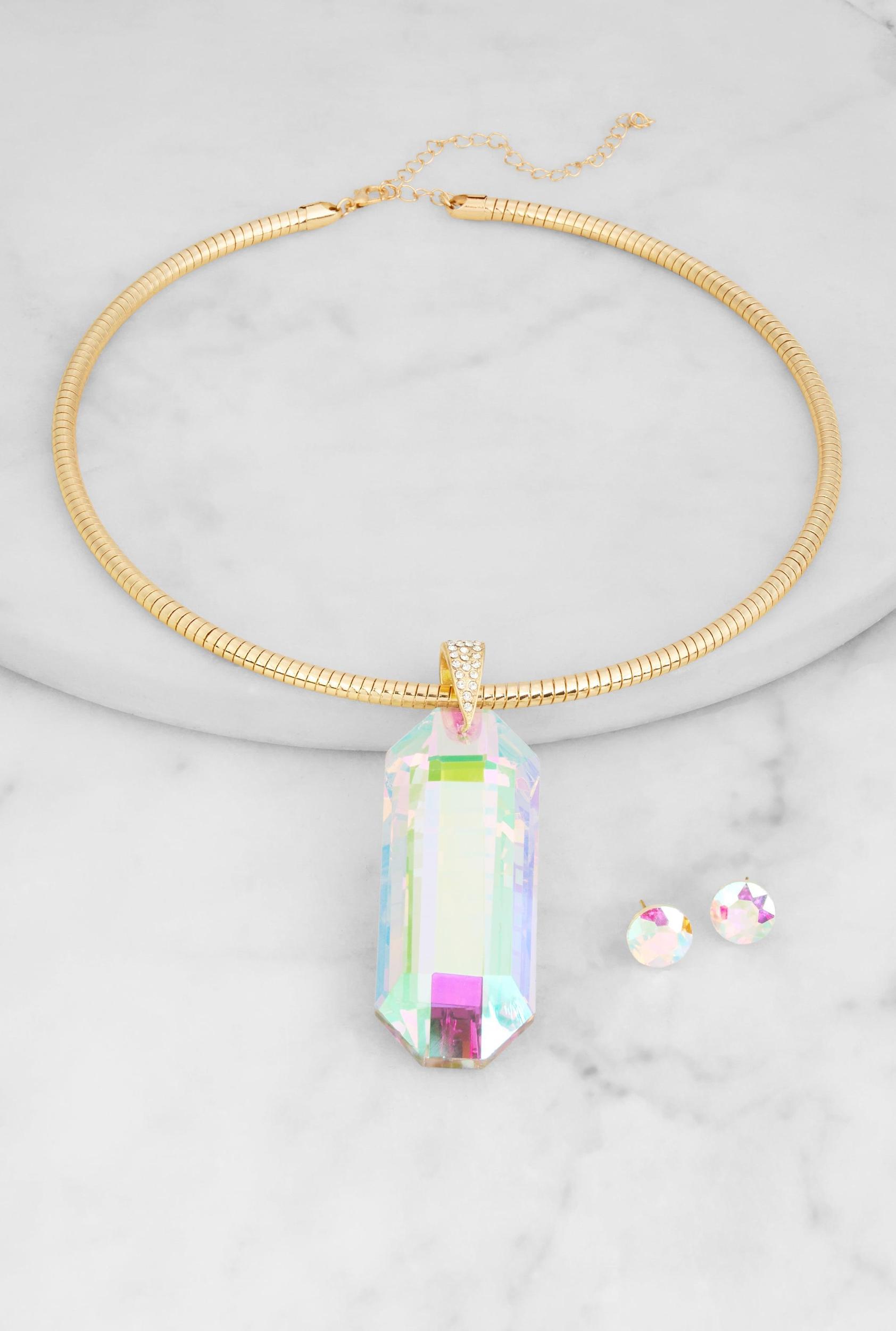 Iridescent Crystal Collar Necklace and Stud Earrings Female Product Image