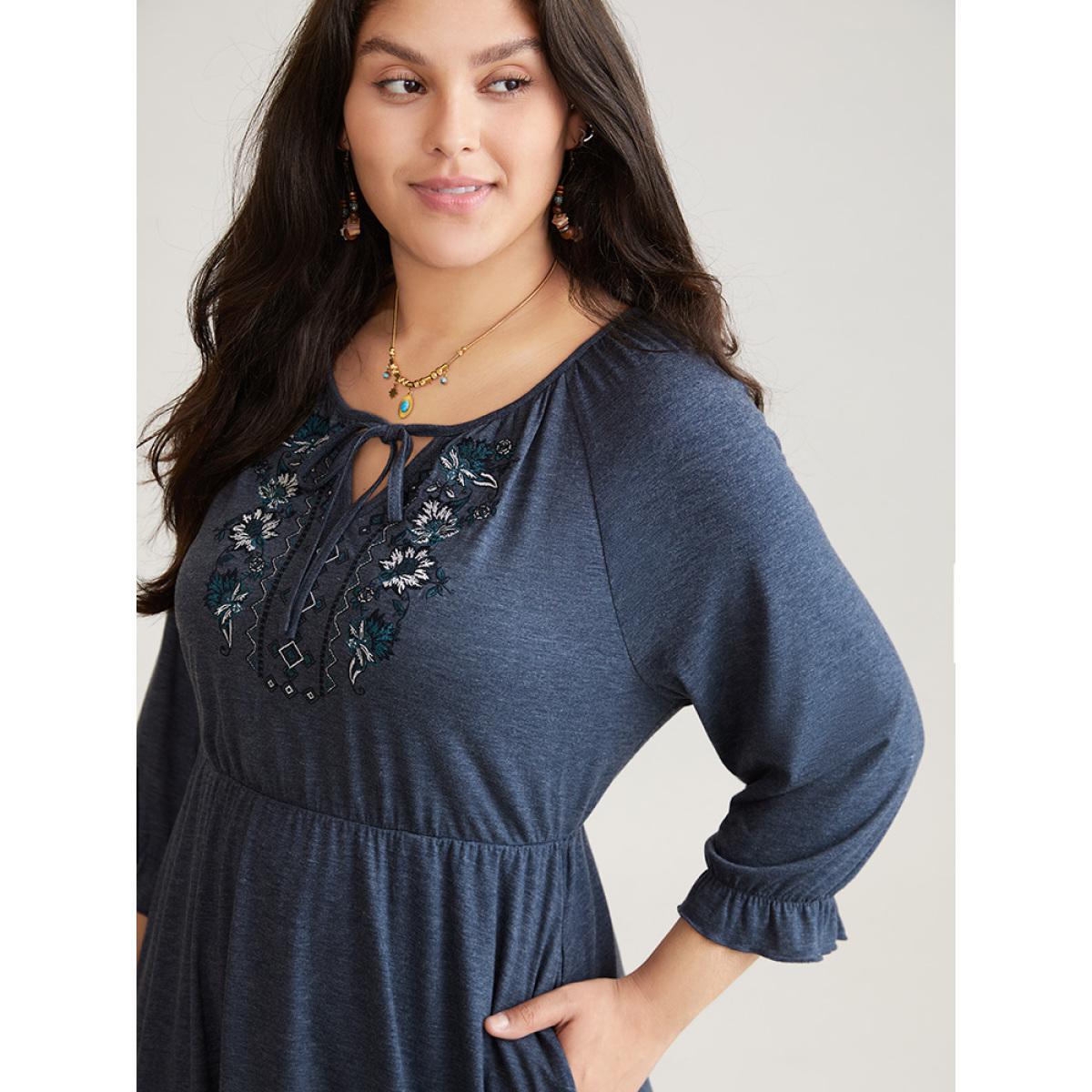Plus Size Floral Embroidered Knot Neck Lantern Sleeve Dress DarkBlue Women Vacation Plain Tie Neck Elbow-length sleeve Curvy Midi Dress BloomChic 26/4X Product Image
