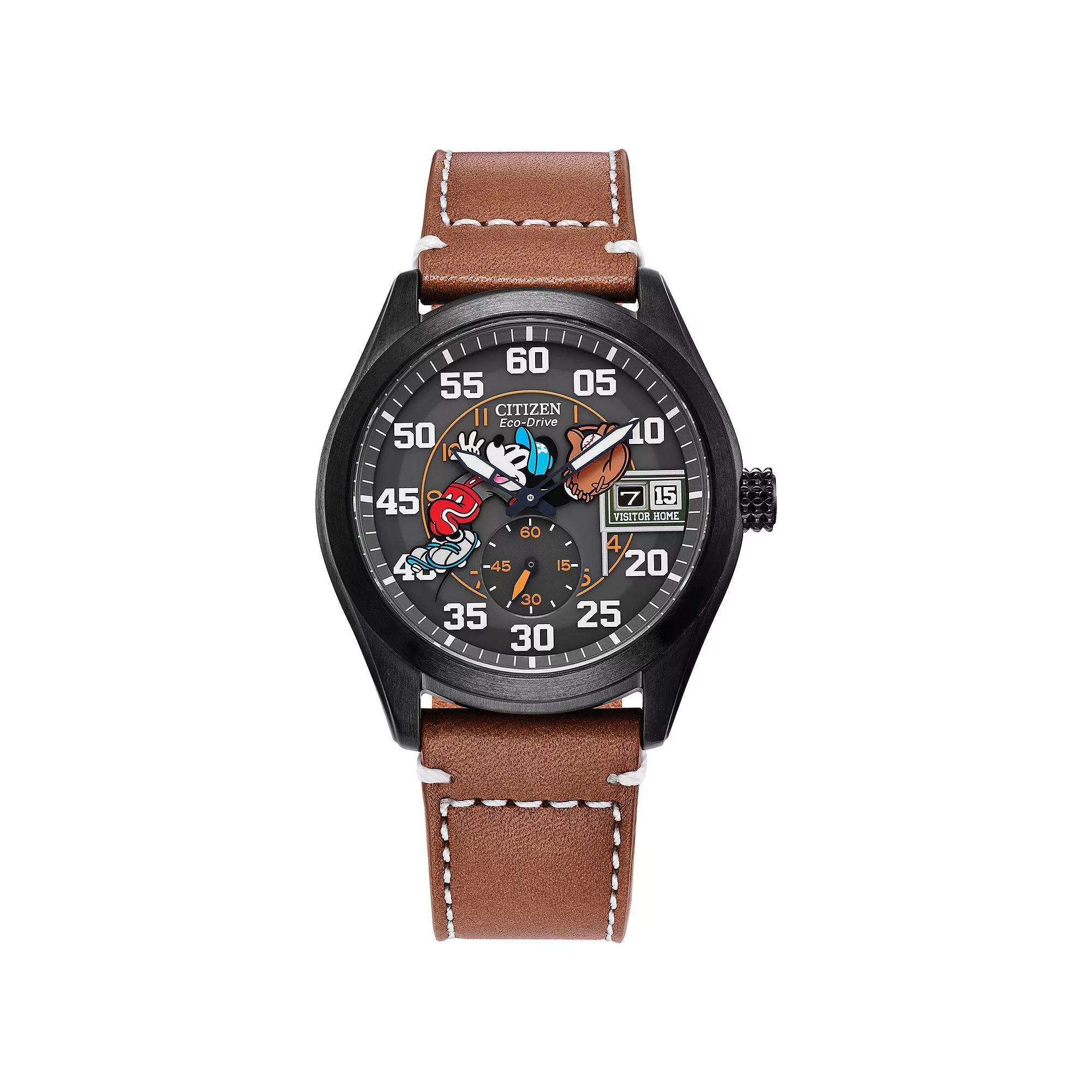 Disneys 100th Anniversary Mickey Mouse Mens Eco-Drive Batters Up Brown Leather Strap Watch by Citizen - BV1089-05W Product Image