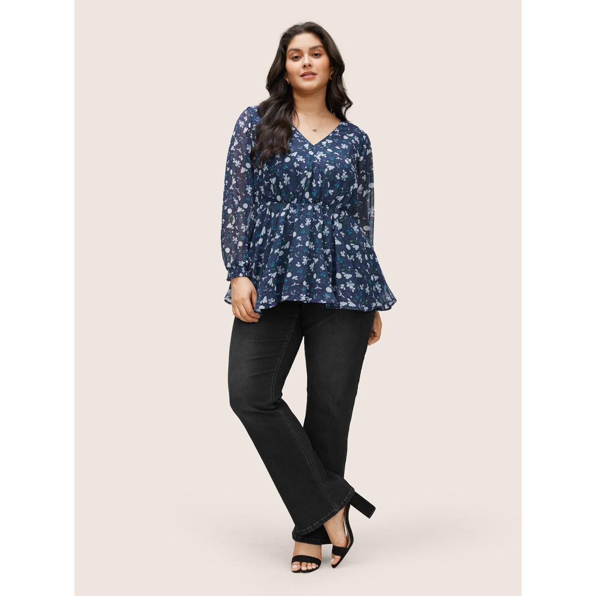 Plus Size Indigo Floral Wrap Elastic Waist Mesh Patchwork Blouse Women Elegant Long Sleeve V-neck Party Blouses BloomChic 14-16/1X Product Image