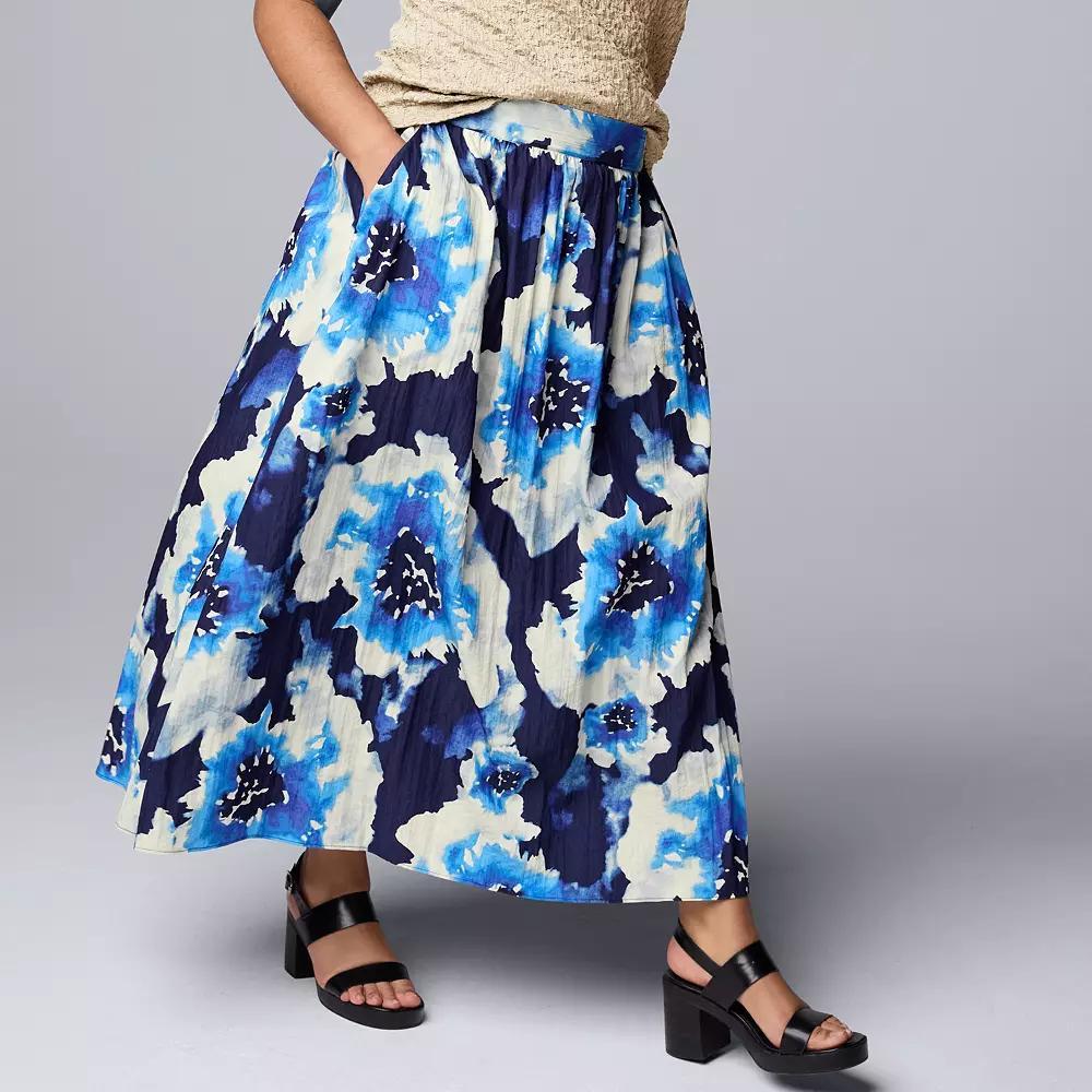 Plus Size Simply Vera Vera Wang Shirred Midi Skirt, Women's, Size: 3XL, Navy Blue Floral Product Image
