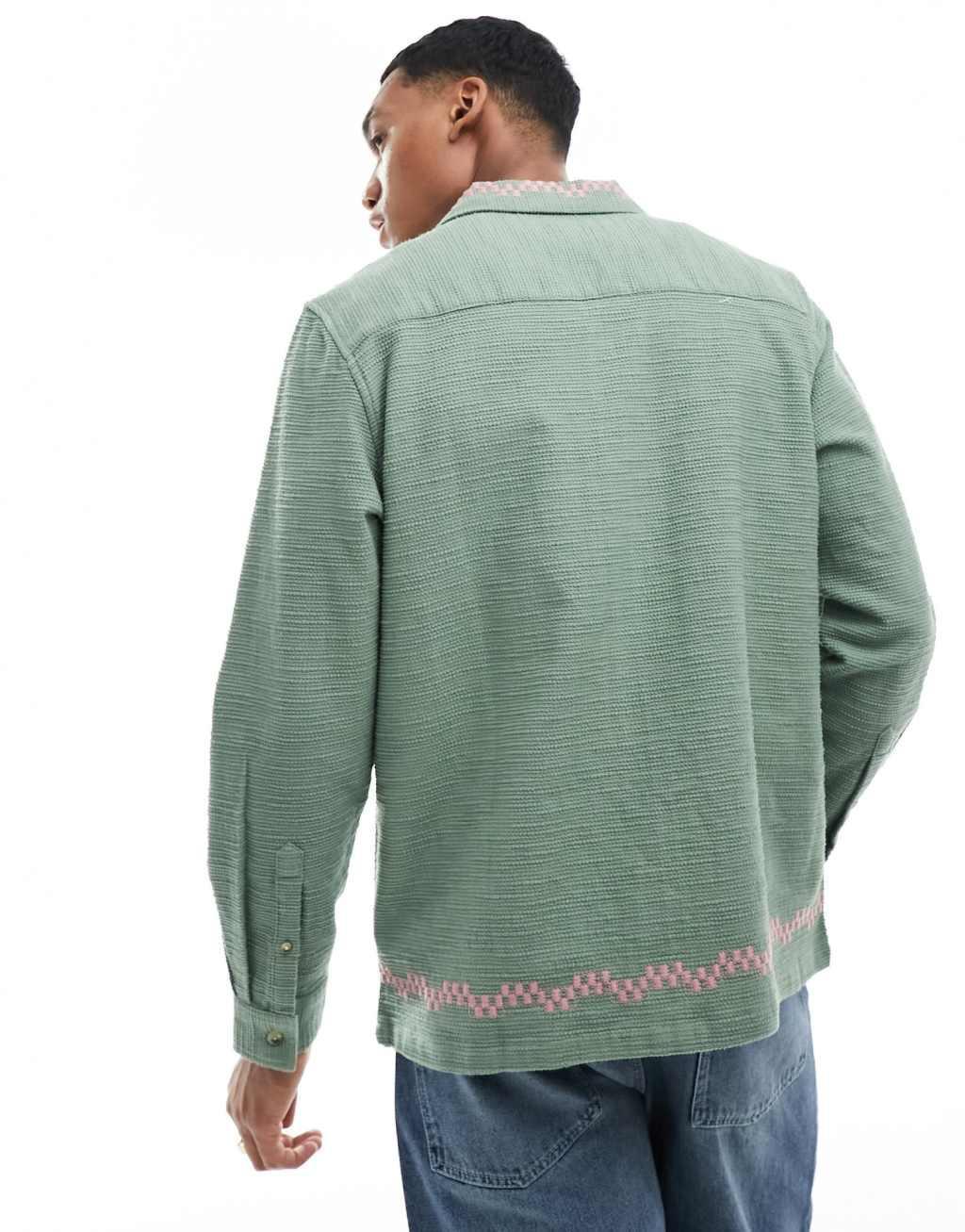 ASOS DESIGN relaxed revere textured shirt with floral embroidery print-Green Product Image