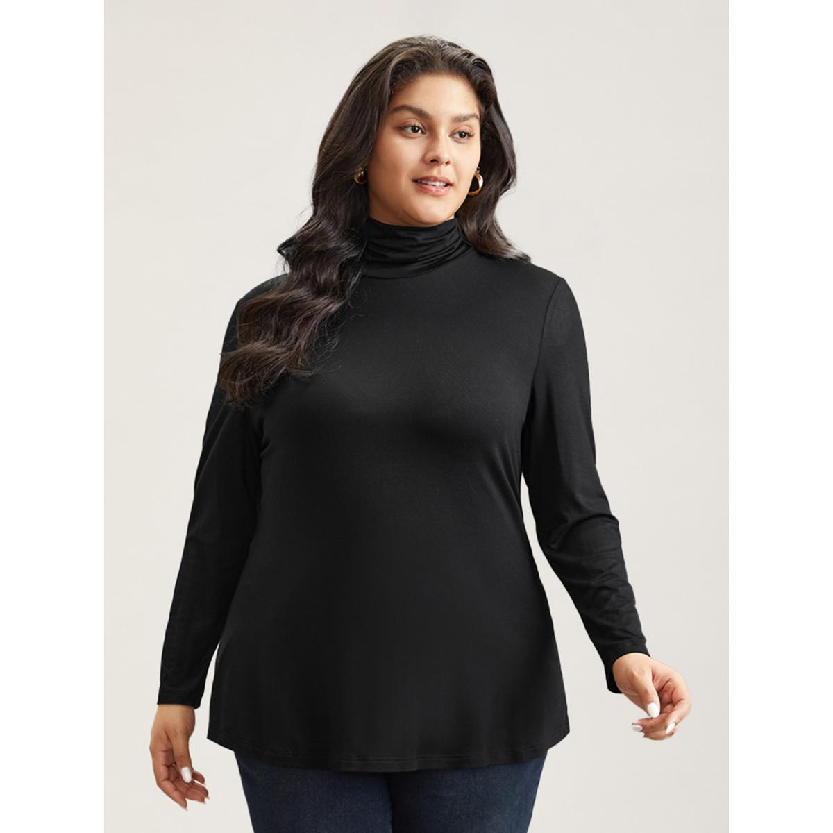 Plus Size Supersoft Essentials Solid Funnel Neck Knit T-shirt Black Women Elegant Plain Plain Ruffled collar Bodycon Dailywear T-shirts BloomChic 10/M Product Image