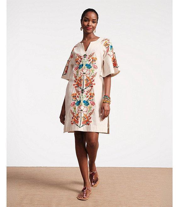 FRANCES VALENTINE Charming Botanical Embroidery V-Neck Elbow Sleeve Caftan Product Image