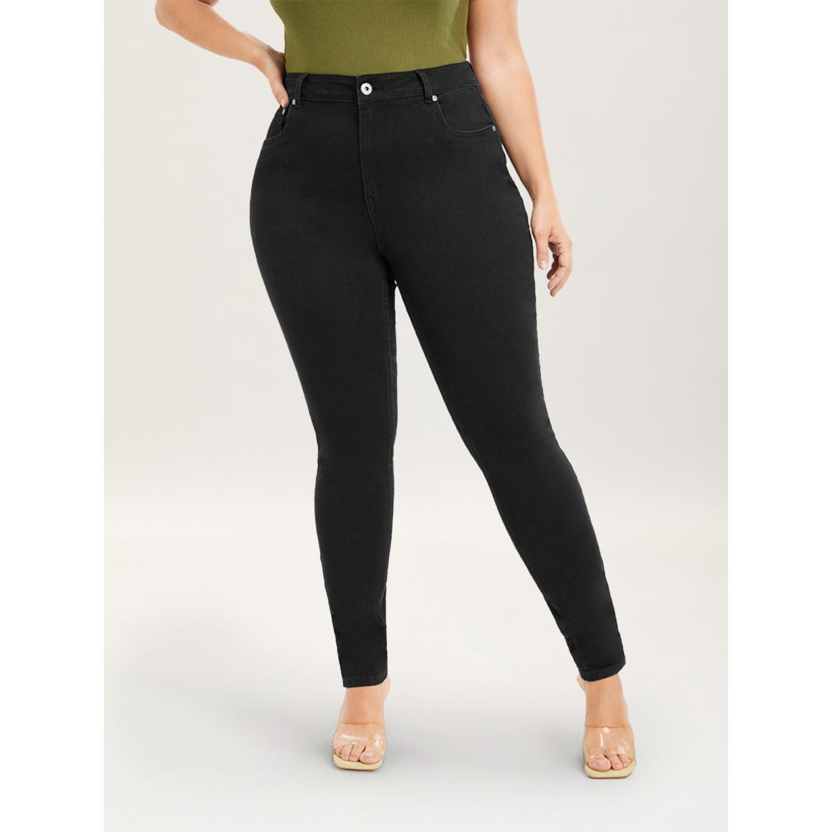 Plus Size Skinny Very Stretchy High Rise Black Wash Sculpt Waist Jeans Women Black Casual Plain High stretch Slanted pocket Jeans BloomChic 12/L Product Image