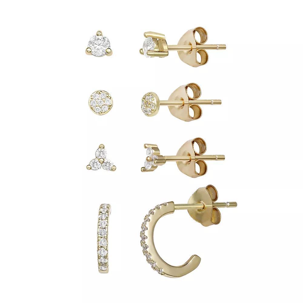 PRIMROSE Sterling Silver 4-Pair Cubic Zirconia Stud & Hoop Earring Set, Women's, Yellow Gold Tone Clear Product Image