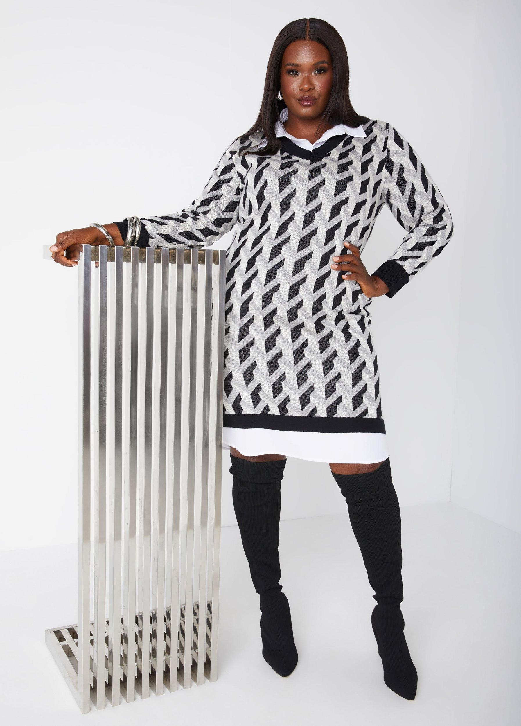 Plus Size Paneled Intarsia Knit Dress Ashley Stewart Product Image