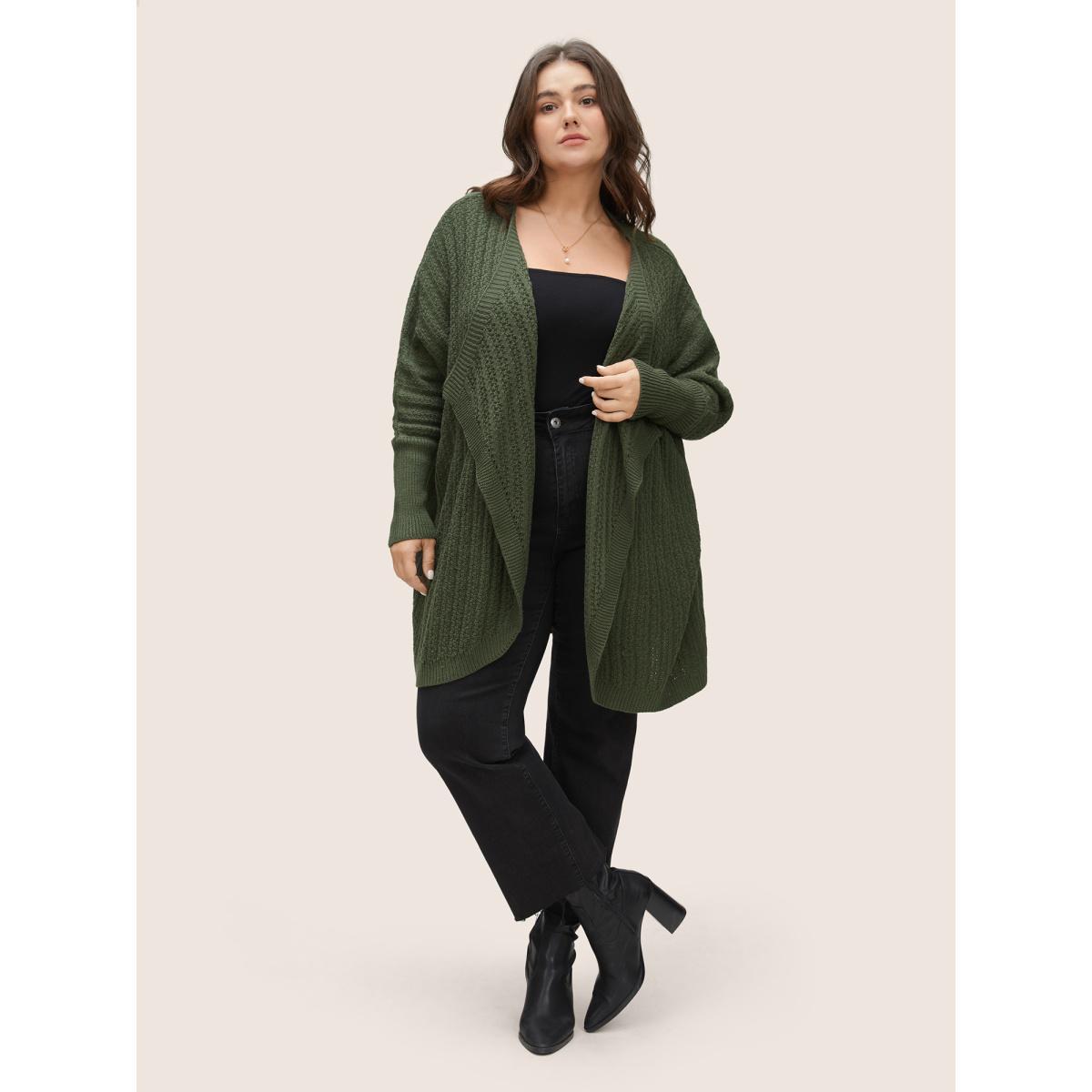 Plus Size Solid Asymmetrical Neck Batwing Sleeve Cardigan ArmyGreen Women Casual Loose Long Sleeve Everyday Cardigans BloomChic 28/5X Product Image