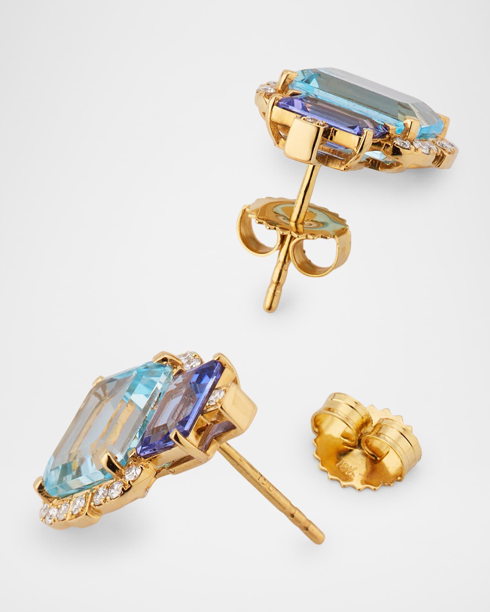 Gossip 18K Yellow Gold Blue Topaz and Tanzanite 2 Stone Emerald Cut Earrings with Diamonds Product Image