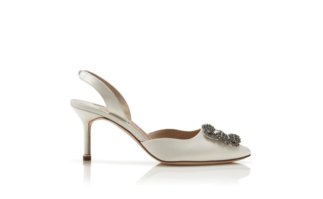 HANGISLI White Satin Jewel Buckle Slingback Pumps Product Image