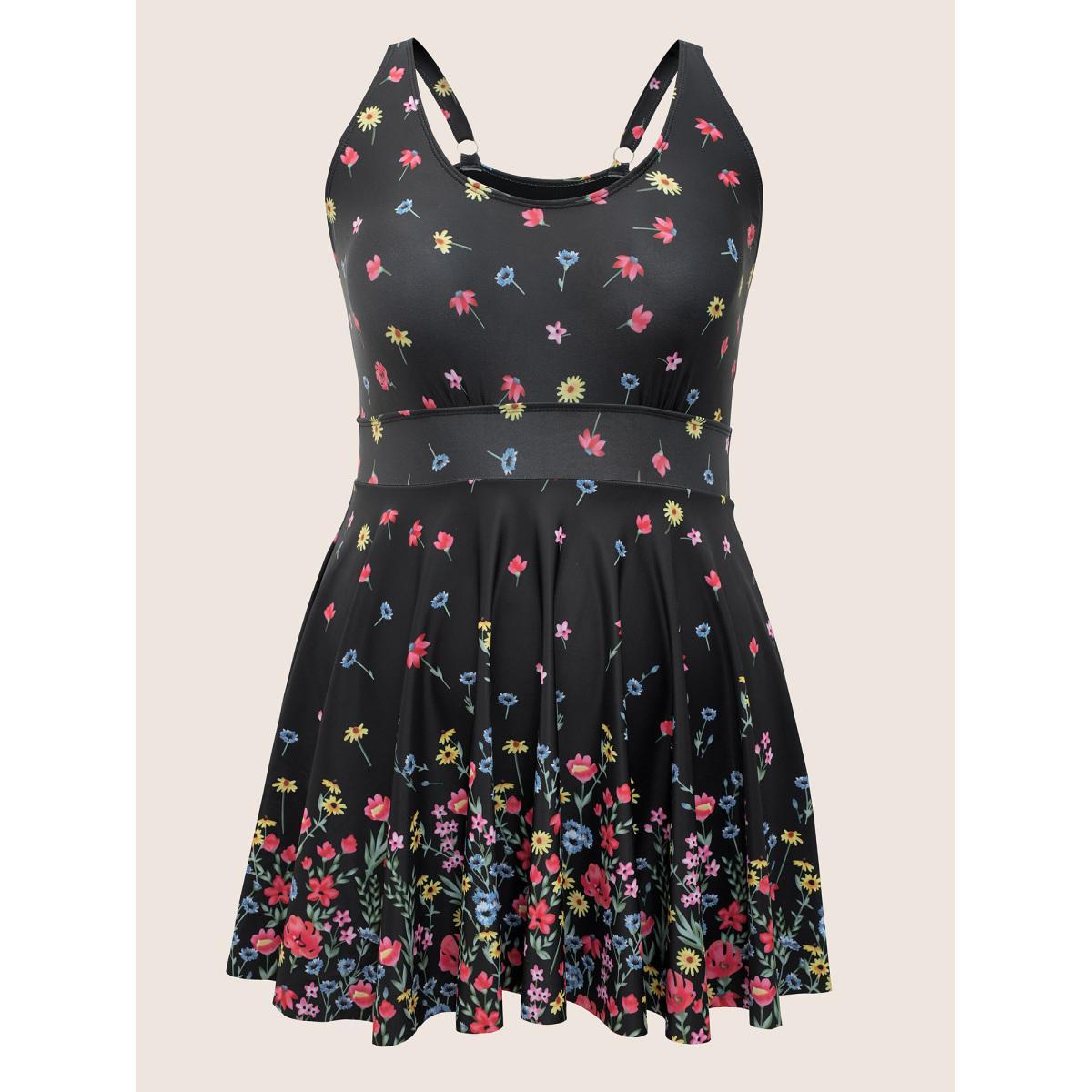 Plus Size Ditsy Floral Lined Spaghetti Strap Swim Dress Women's Swimwear Black Beach Bodycon U-neck High stretch Curve Swim Dresses BloomChic 12/L Product Image