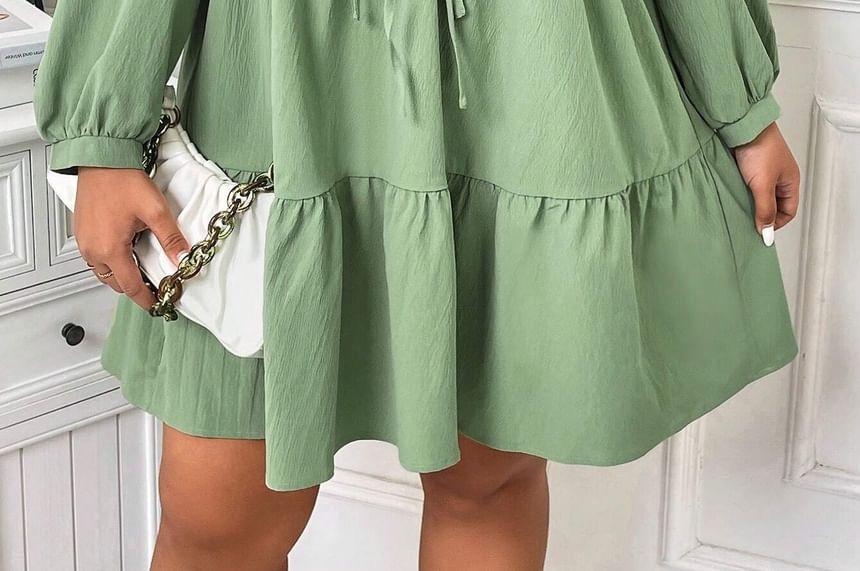 Plus Size Long-Sleeve Round Neck Plain Bow Cutout A-Line Dress Product Image