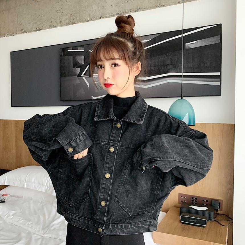 Collared Denim Button-Up Crop Jacket Product Image