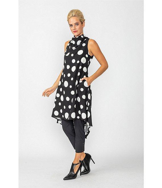 IC Collection Woven Dot Print Mock Cowl Neck Sleeveless Asymmetrical Tunic Dress Product Image