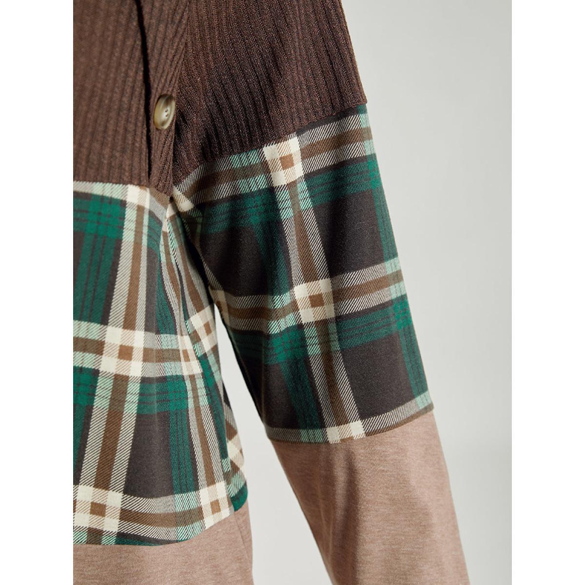 Plus Size Colorblock Plaid Patchwork Button Detail T-shirt DarkBrown Women Casual Contrast Plaid Round Neck Festival-Christmas T-shirts BloomChic 26/4X Product Image
