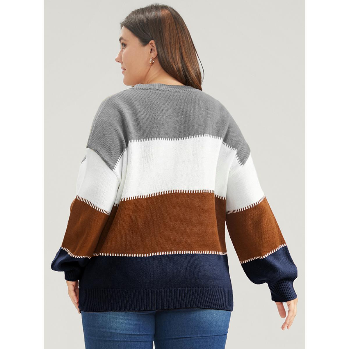 Plus Size Colorblock Contrast Pointelle Knit Round Neck Knit Top DarkBlue Women Casual Long Sleeve Round Neck Dailywear Pullovers BloomChic 28/5X Product Image