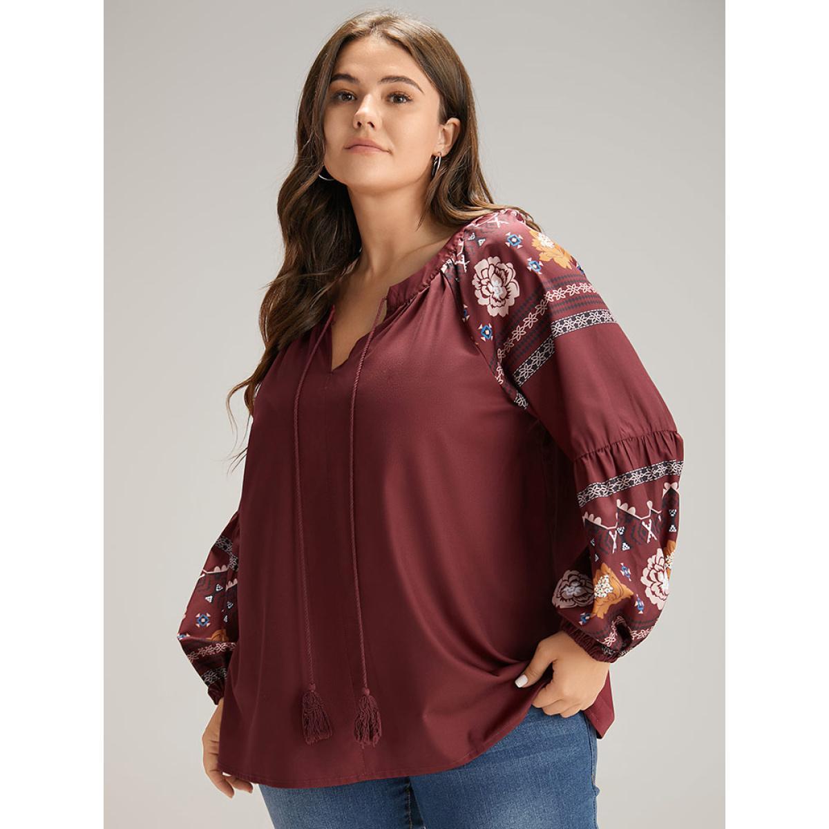 Plus Size Scarlet Boho Print Tie Neck Tassel Trim Blouse Women Vacation Long Sleeve Tie Neck Dailywear Blouses BloomChic 10/M Product Image