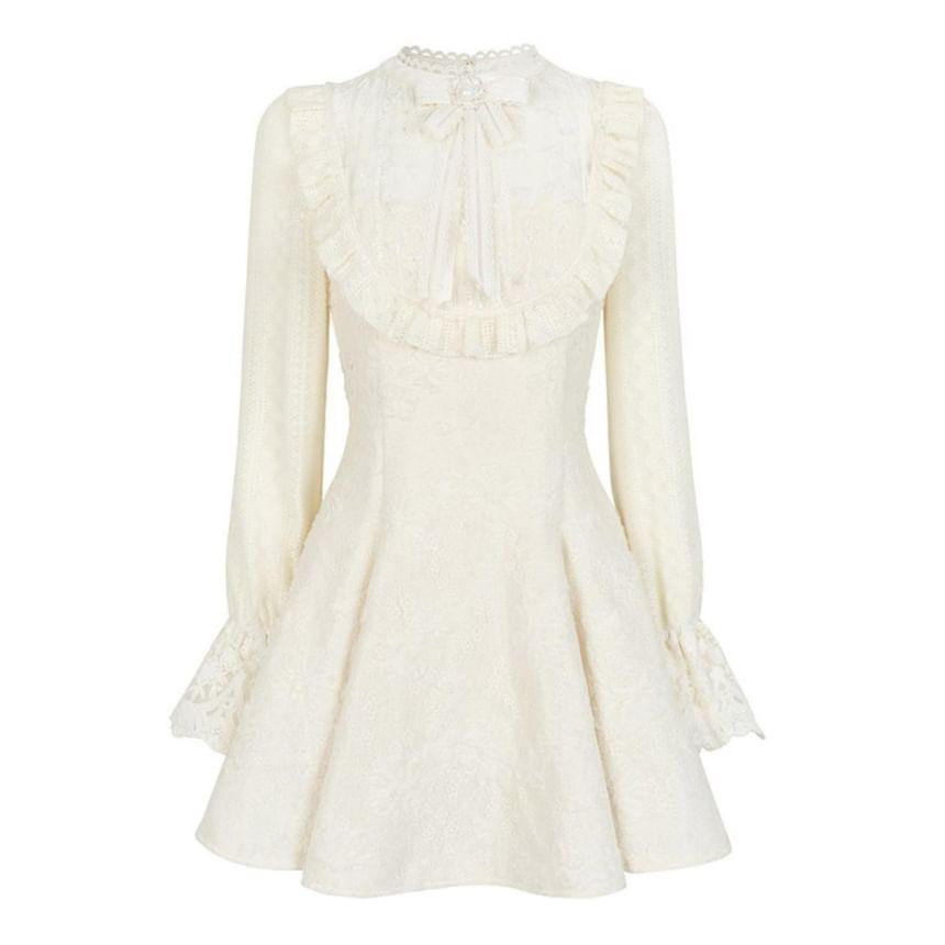 Long Sleeve Crew Neck Plain Bow Ruffle Panel Lace Mini A-Line Dress Product Image
