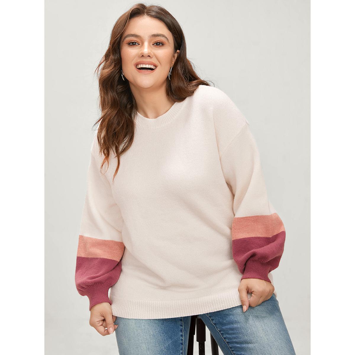 Plus Size Colorblock Contrast Soft Pointelle Knit Lantern Sleeve Knit Top Ivory Women Casual Loose Long Sleeve Round Neck Dailywear Pullovers BloomChic 12/L Product Image