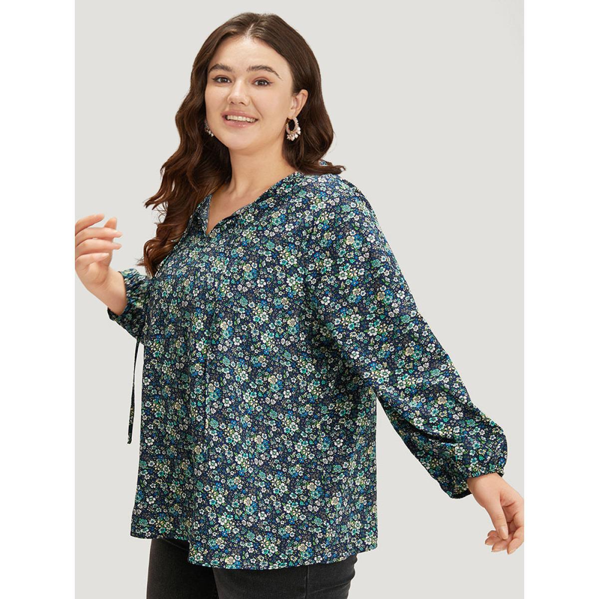 Plus Size Indigo Ditsy Floral Knot Neck Elastic Cuffs Blouse Women Elegant Long Sleeve Tie Neck Everyday Blouses BloomChic 22-24/3X Product Image