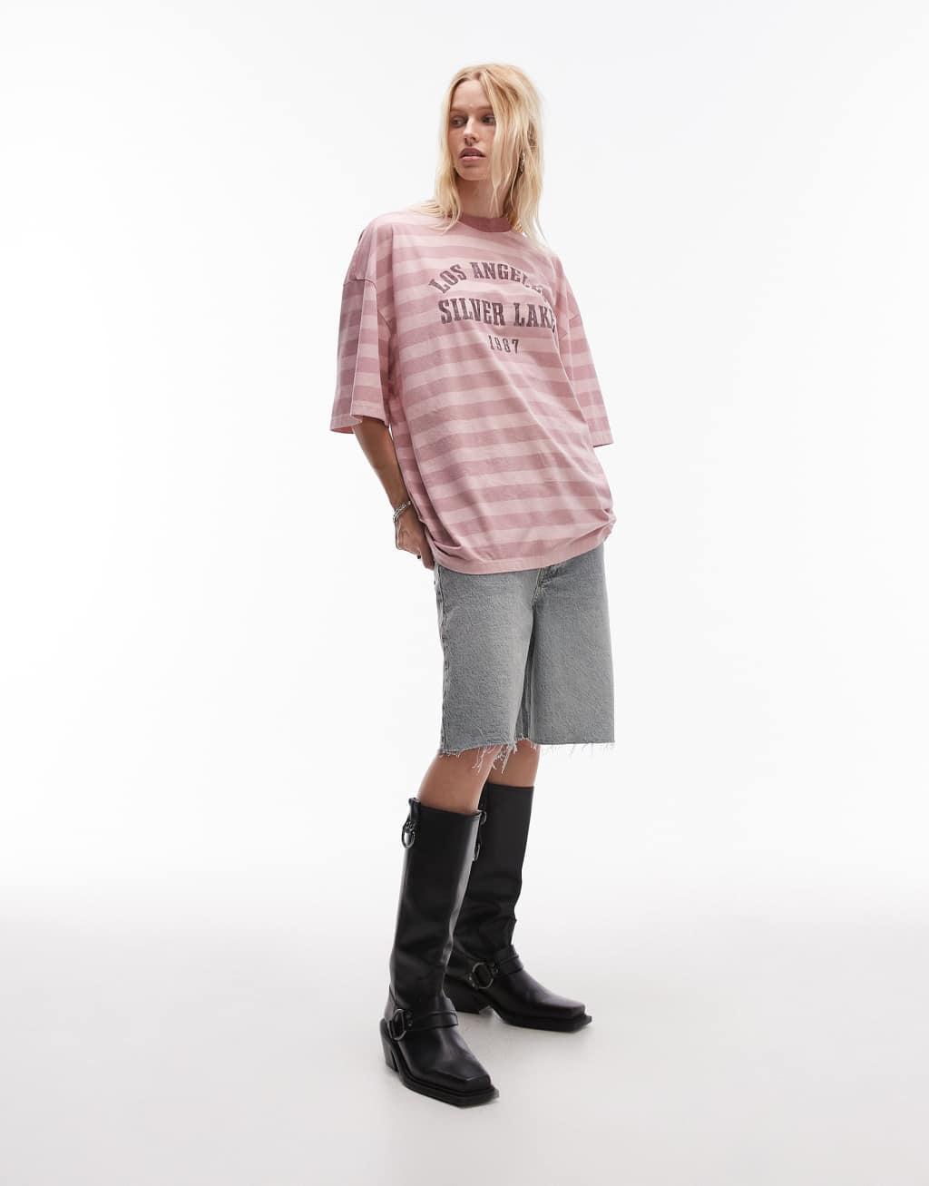 Topshop graphic Silver Lake stripe oversized tee in dusty pink Product Image