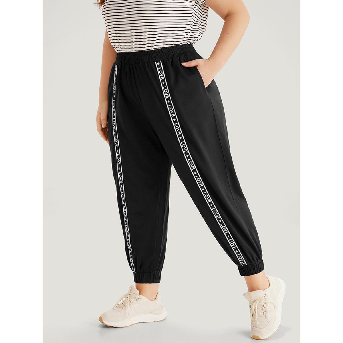 Plain Pocket Contrast Webbing Sweatpants Black Plus Size Women Casual Dailywear Plain 10/M Bloomchic Product Image