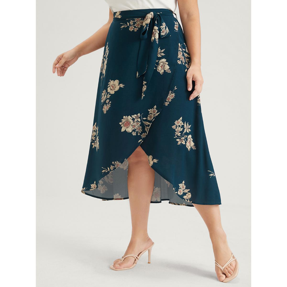 Plus Size Floral Knotted Elastic Waist Wrap Split Skirt Women Aegean Elegant Printed No stretch Belt Dailywear Skirts BloomChic 28/5X Product Image