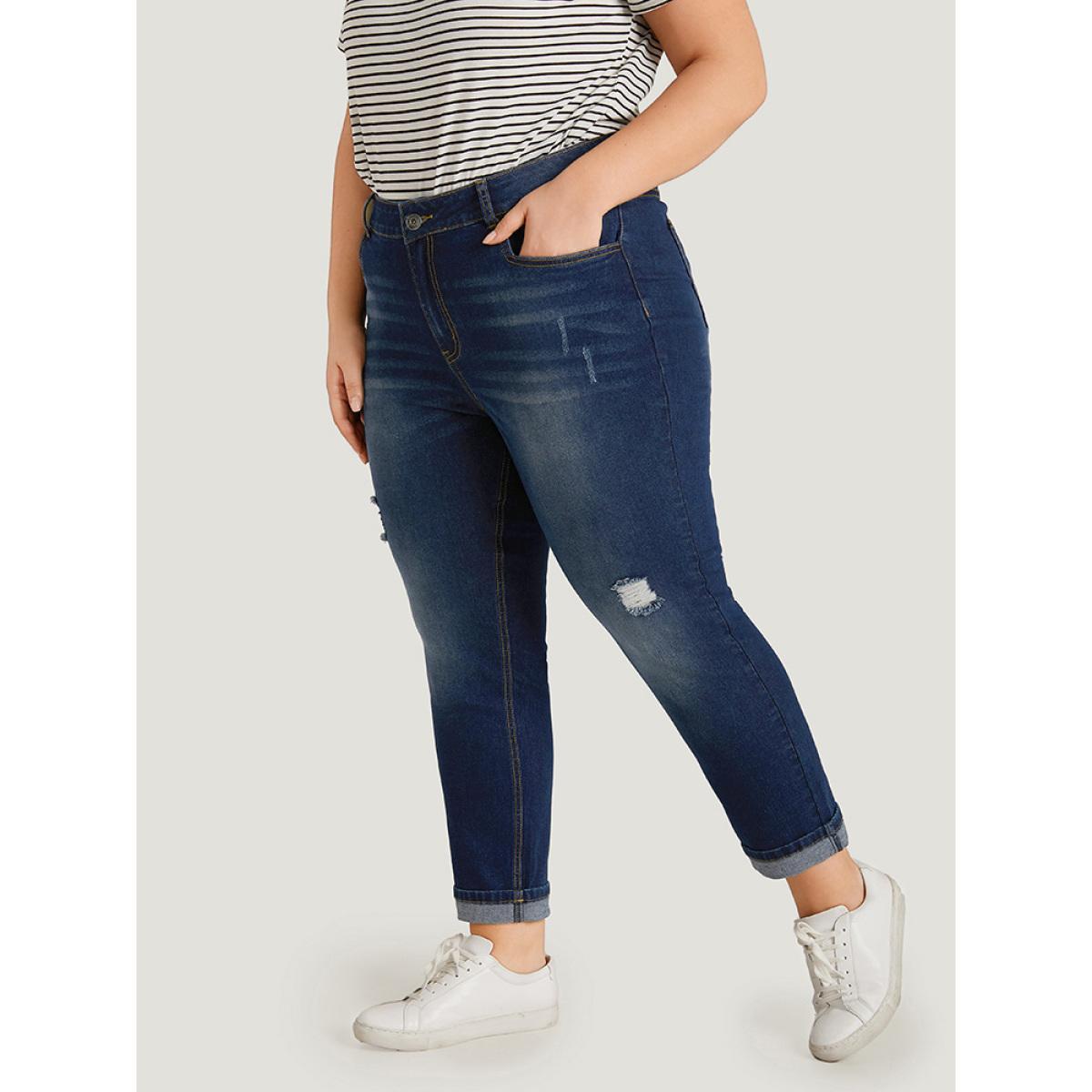 Plus Size Ripped Roll Hem Pocket Very Stretchy Jeans Women Indigo Casual Plain Plain High stretch Jeans BloomChic 26/4X Product Image