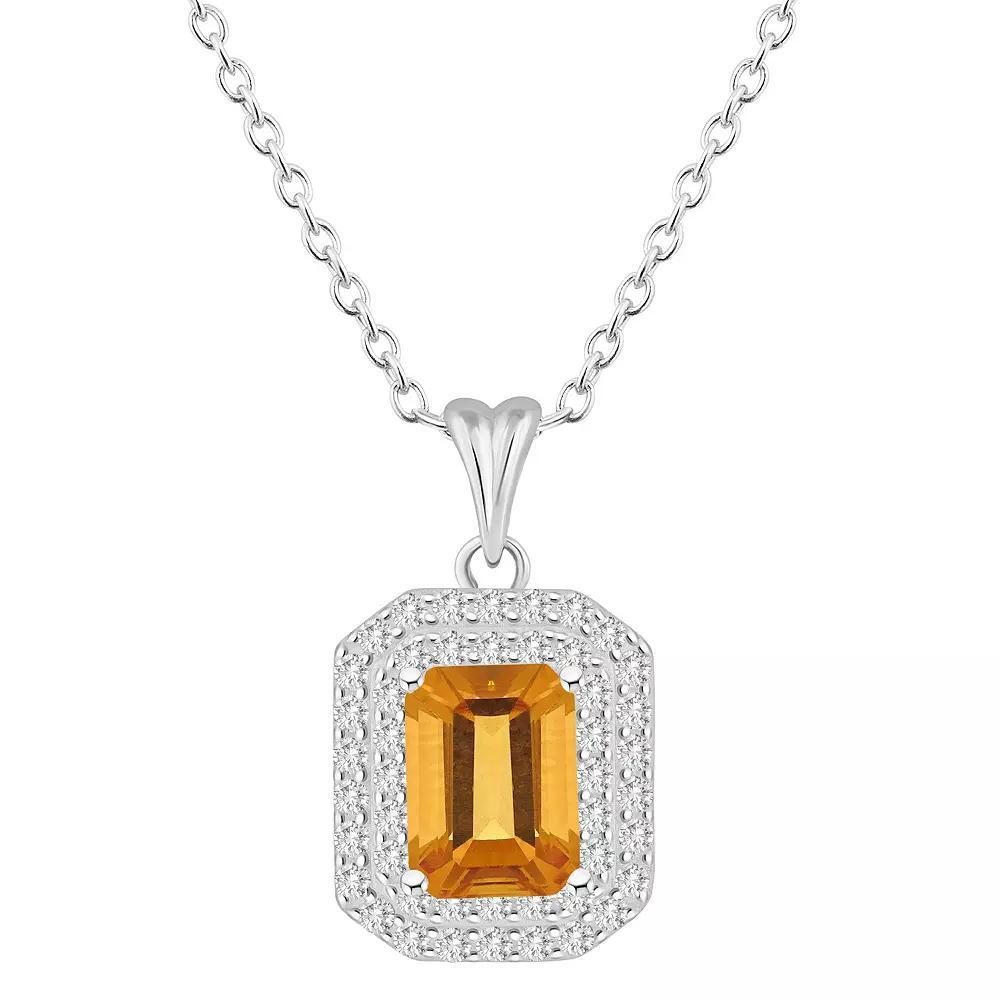 Celebration Gems Sterling Silver Emerald-Cut Garnet & White Topaz Double Halo Pendant Necklace, Women's, Size: 18" Product Image