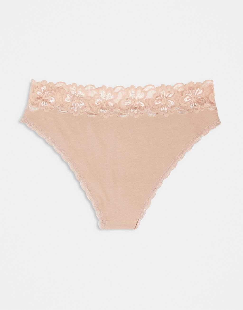 ASOS DESIGN Minnie 3-pack cotton Brazilian briefs with lace waistband in neutral Product Image