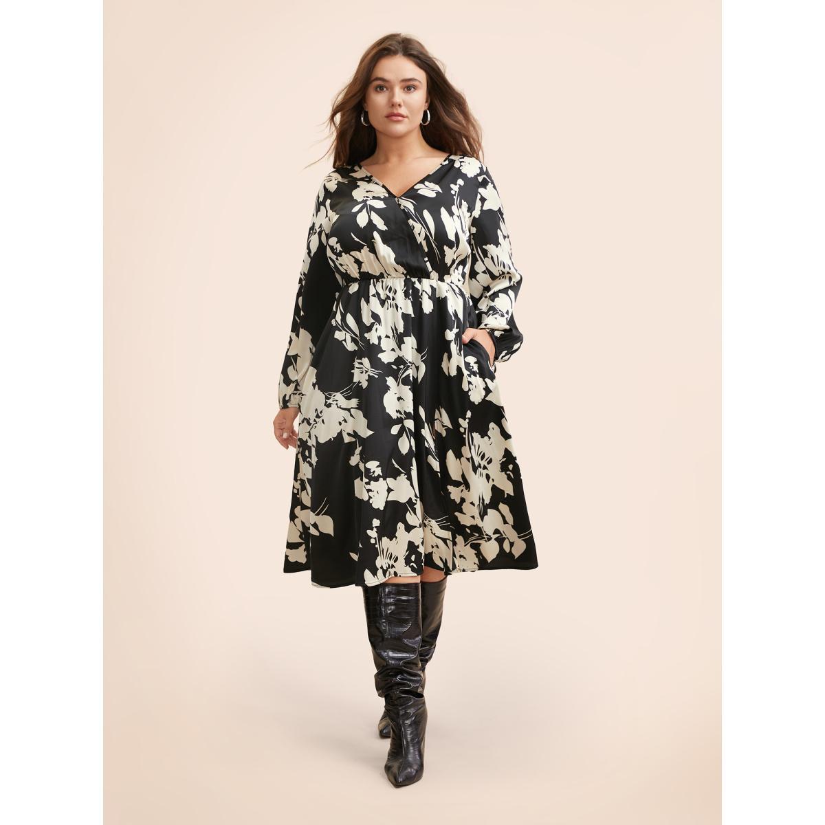Plus Size Overlap Collar Silhouette Floral Print Gathered Dress Black Women Elegant Slit Overlap Collar Long Sleeve Curvy BloomChic 14-16/1X Product Image