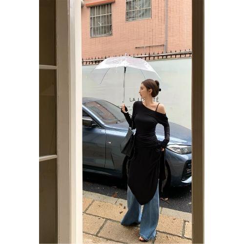 Set: Long-Sleeve Cold Shoulder Plain Ruched Midi A-Line Dress + Slipdress Product Image
