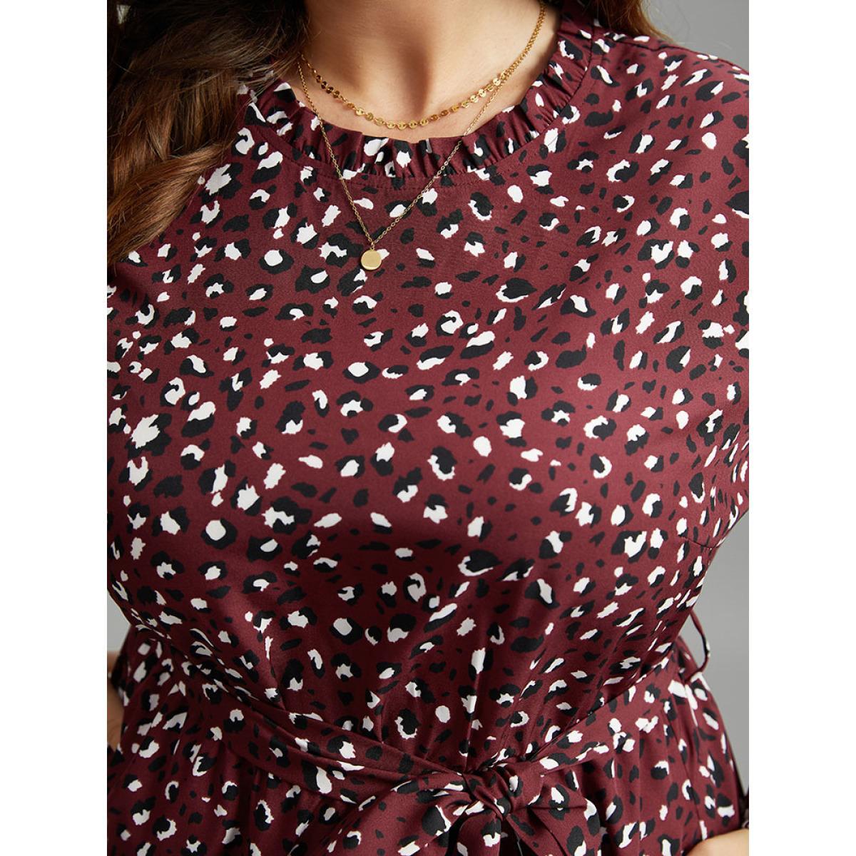 Plus Size Allover Print Elastic Cuffs Frill Trim Belted Dress Burgundy Women Elegant Elastic cuffs Mock Neck Long Sleeve Curvy Midi Dress BloomChic 14-16/1X Product Image