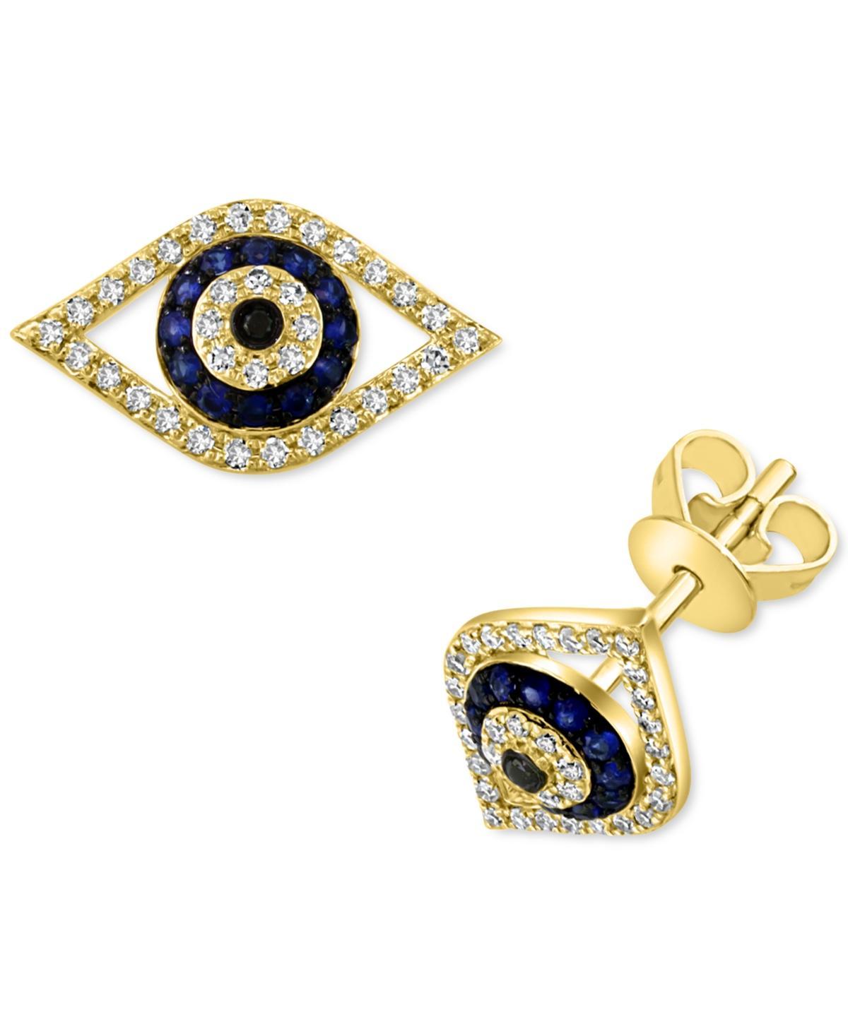 Womens 14K Yellow Gold, Blue Sapphire & 0.21 TCW Diamond Evil Eye Stud Earrings Product Image