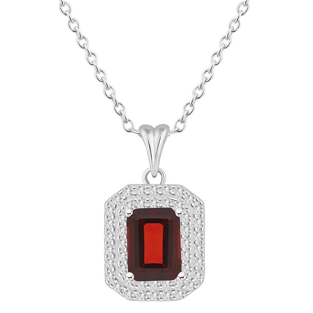 Celebration Gems Sterling Silver Emerald-Cut Garnet & White Topaz Double Halo Pendant Necklace, Women's, Size: 18" Product Image