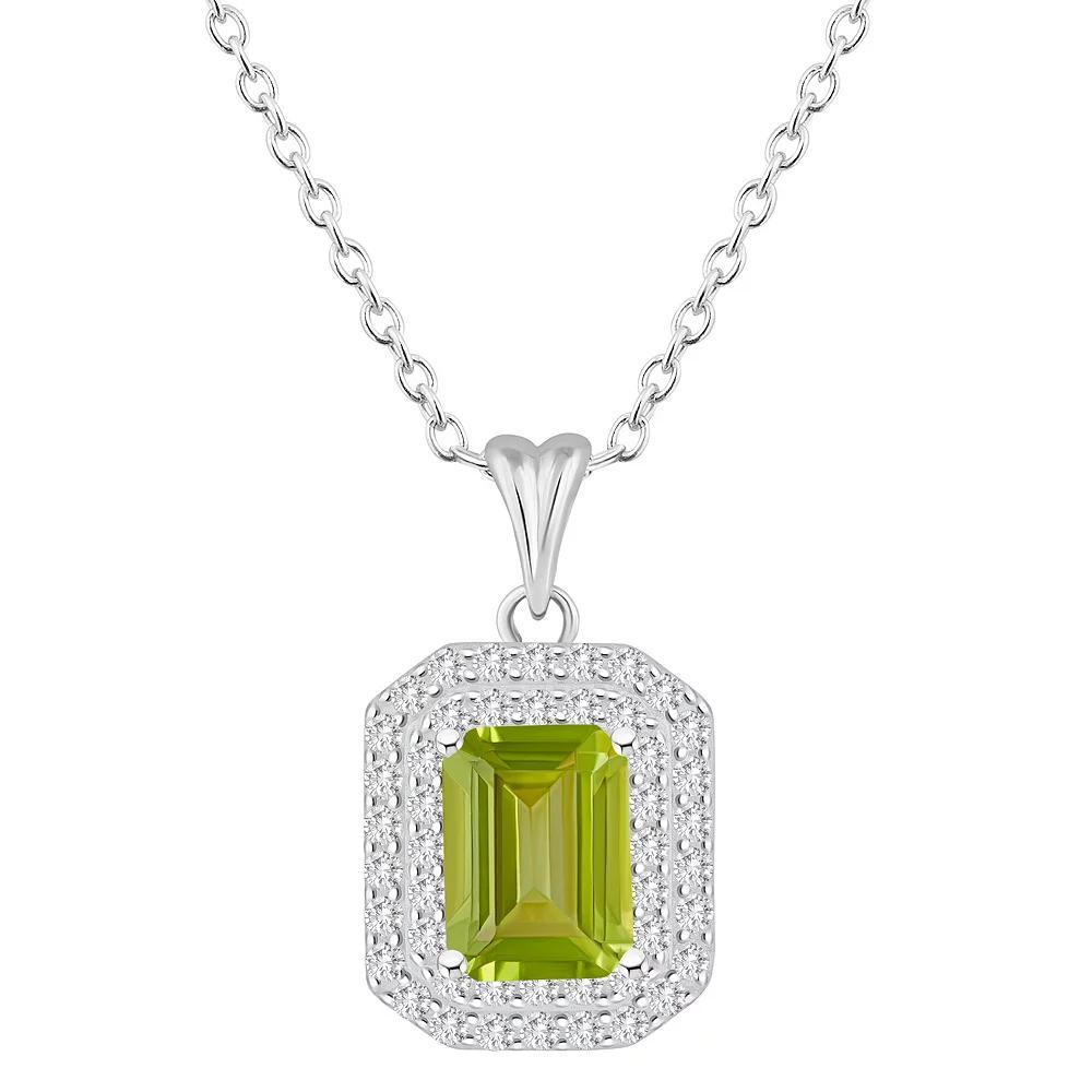 Celebration Gems Sterling Silver Emerald-Cut Garnet & White Topaz Double Halo Pendant Necklace, Women's, Size: 18" Product Image