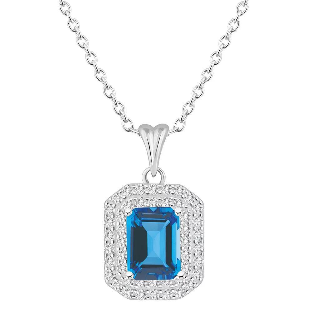 Celebration Gems Sterling Silver Emerald-Cut Garnet & White Topaz Double Halo Pendant Necklace, Women's, Size: 18" Product Image