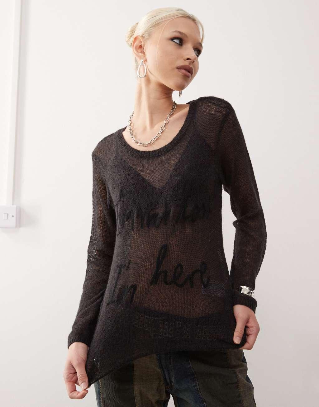 Monki long sleeve graphic sheer knit top in dark gray Product Image