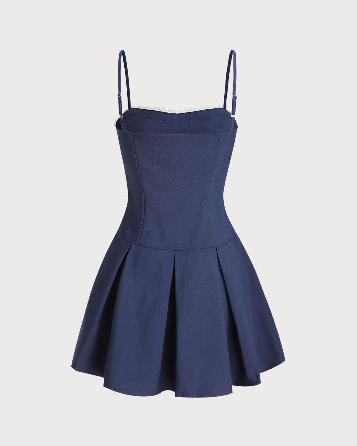 Navy Square Neck Pleated Slip Mini Dress Product Image