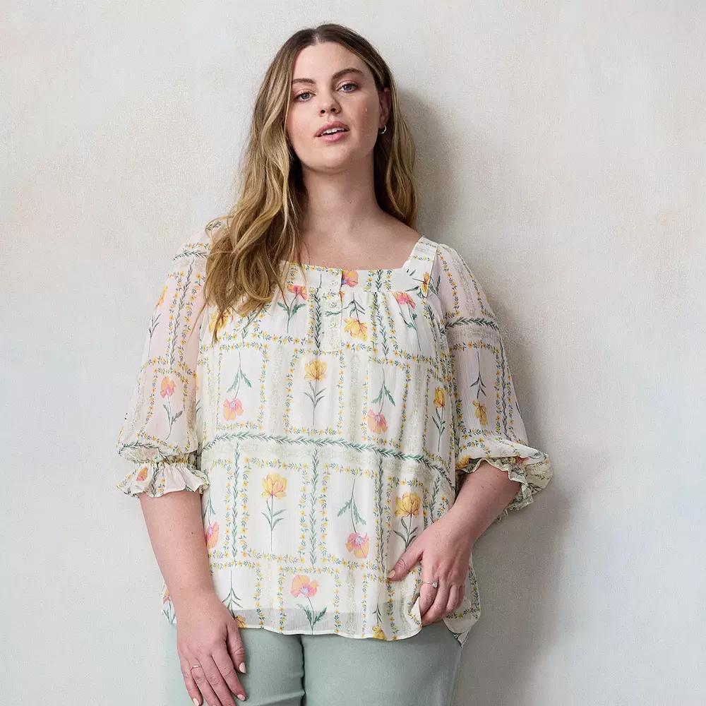 Plus Size LC Lauren Conrad Henley Square Neck Peasant Top, Womens Product Image
