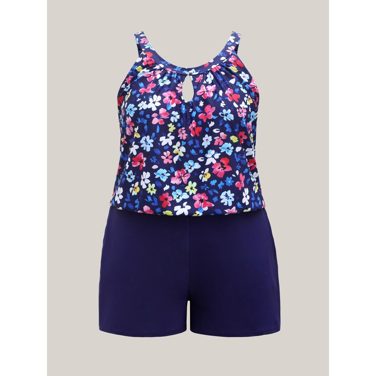 Plus Size Floral Print Keyhole Pockets Swim Romper Women's Swimwear Aegean Beach Curve Bathing Suits High stretch One Pieces BloomChic 26/4X Product Image