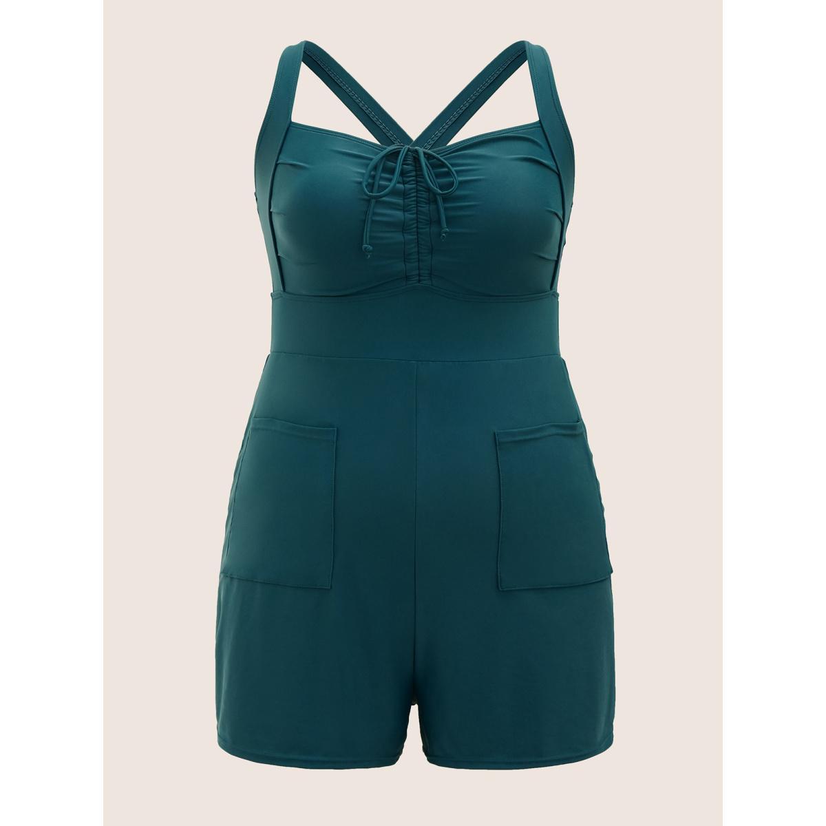 Plus Size Plain Patched Pocket Drawstring One Piece Swimsuit Women's Swimwear Cyan Beach Gathered Curve Bathing Suits High stretch One Pieces BloomChic 10/M Product Image