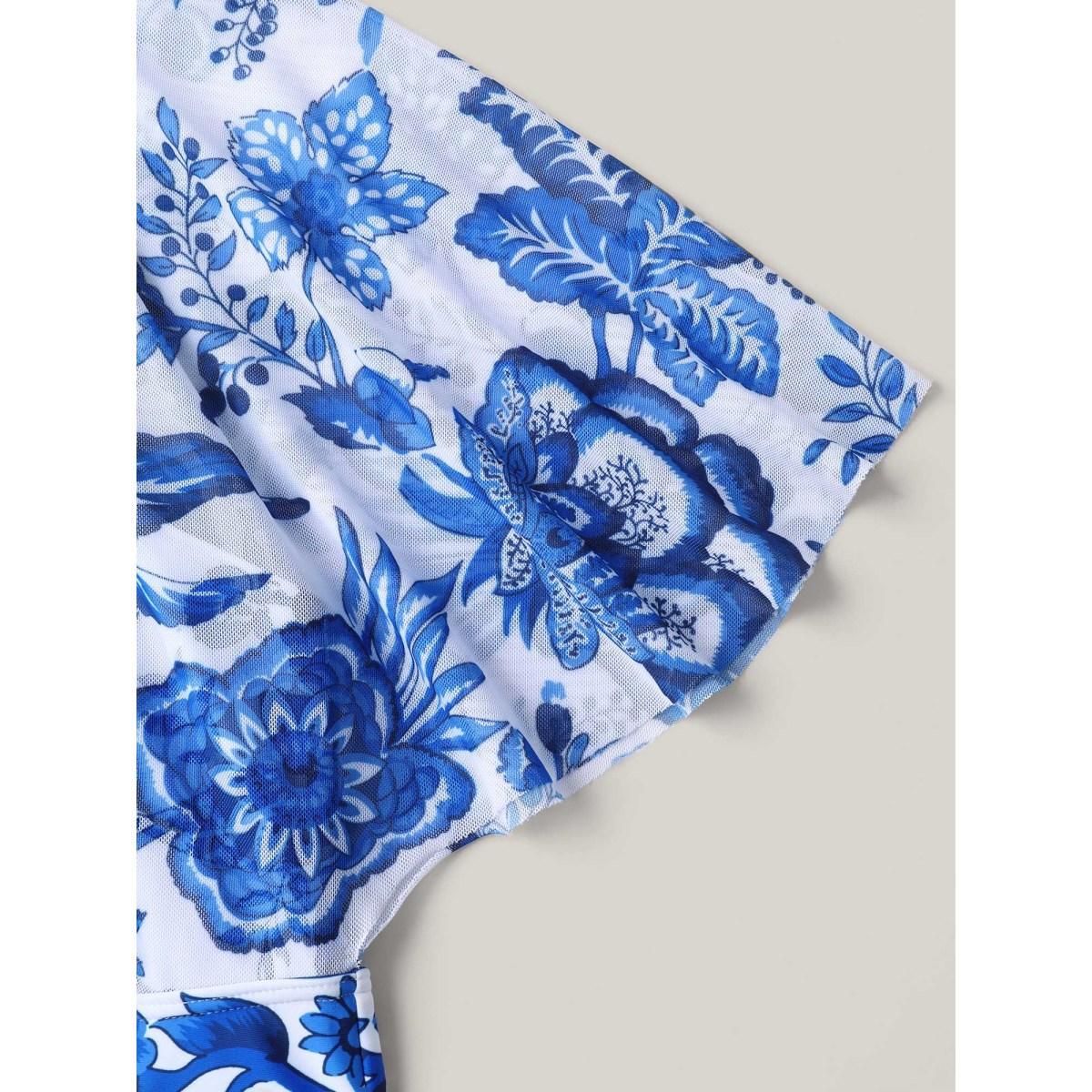 Plus Size Ruched Sheer Floral One-Piece Swimsuit Women's Swimwear Indigo Beach Gathered Curve Bathing Suits High stretch One Pieces BloomChic 14-16/1X Product Image