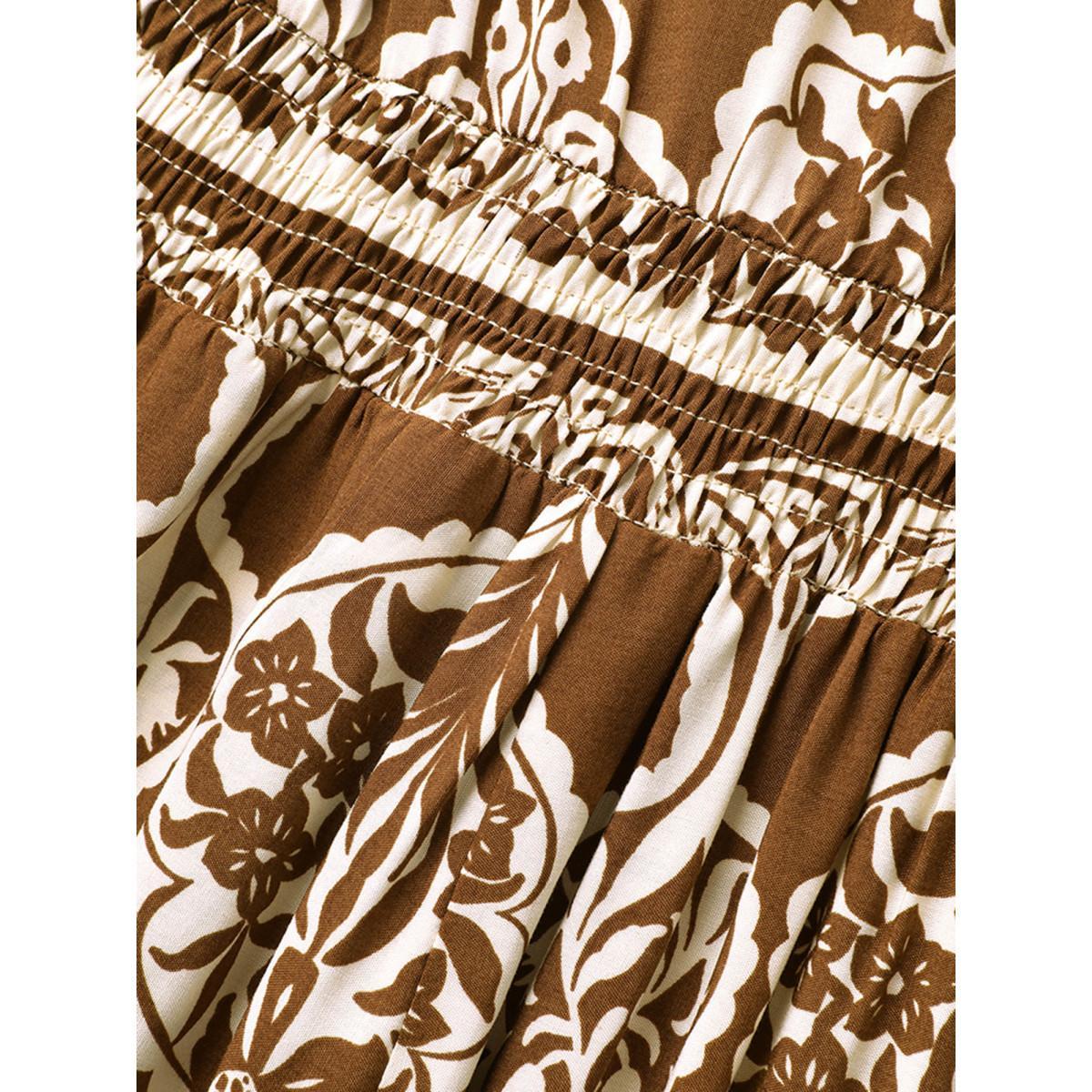 Plus Size Bandana Shirred Pompom Trim Midi Dress Yellowishbrown Women Resort Woven ribbon&lace trim V-neck Sleeveless Curvy BloomChic 26/4X Product Image