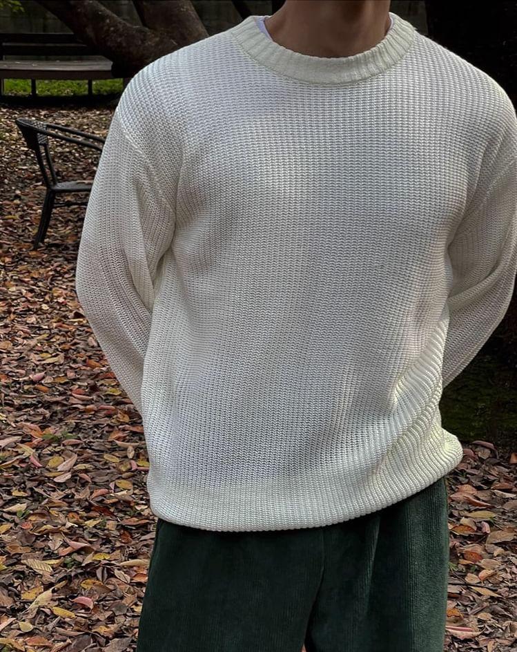 Crew Neck Plain Ribbed Sweater Product Image