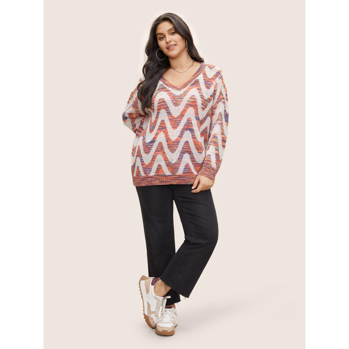 Plus Size Asymmetrical Heather Wave Elastic Cuffs Pullover Rust Women Casual Long Sleeve V-neck Everyday Pullovers BloomChic 10/M Product Image